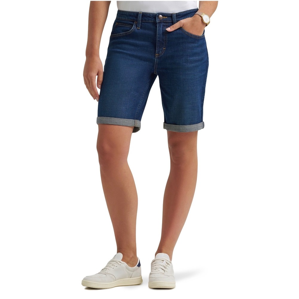 Lee Womens Legendary Bermuda Shorts Dark Wash Denim Cuffed Mid Rise Size 6m